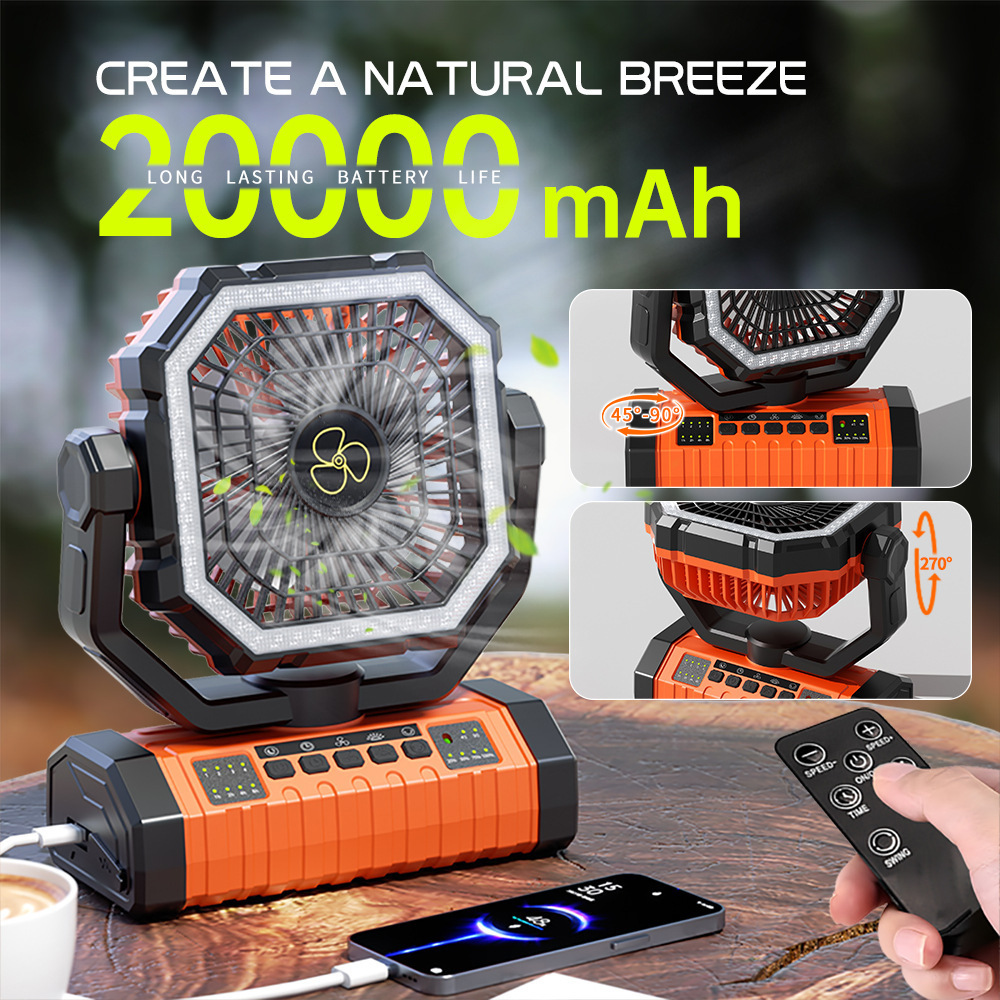 New Outdoor Fan, Camping Fan, Camping Tent Electric Fan, Portable Rechargeable Oscillating Fan with Lighting