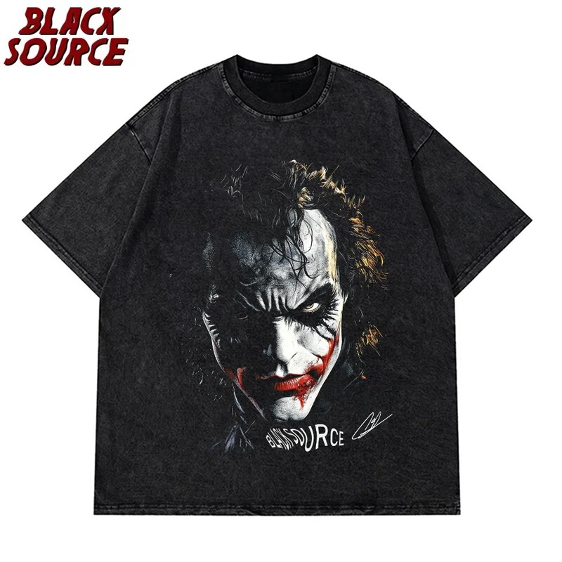 Distressed Round Neck Hooded Sweatshirt with Clown Print, Loose Short-Sleeve T-Shirt, Heavyweight Straight-Cut Style with Tags, Cotton