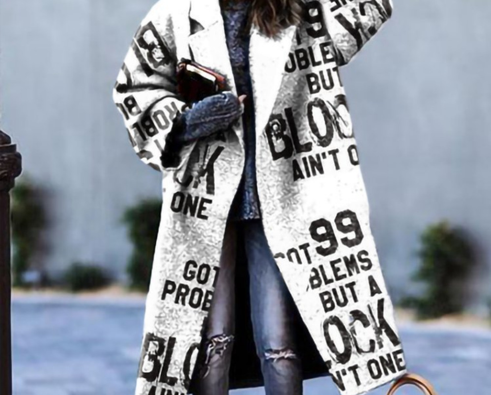 Women's Loose Long Printed Woolen Coat