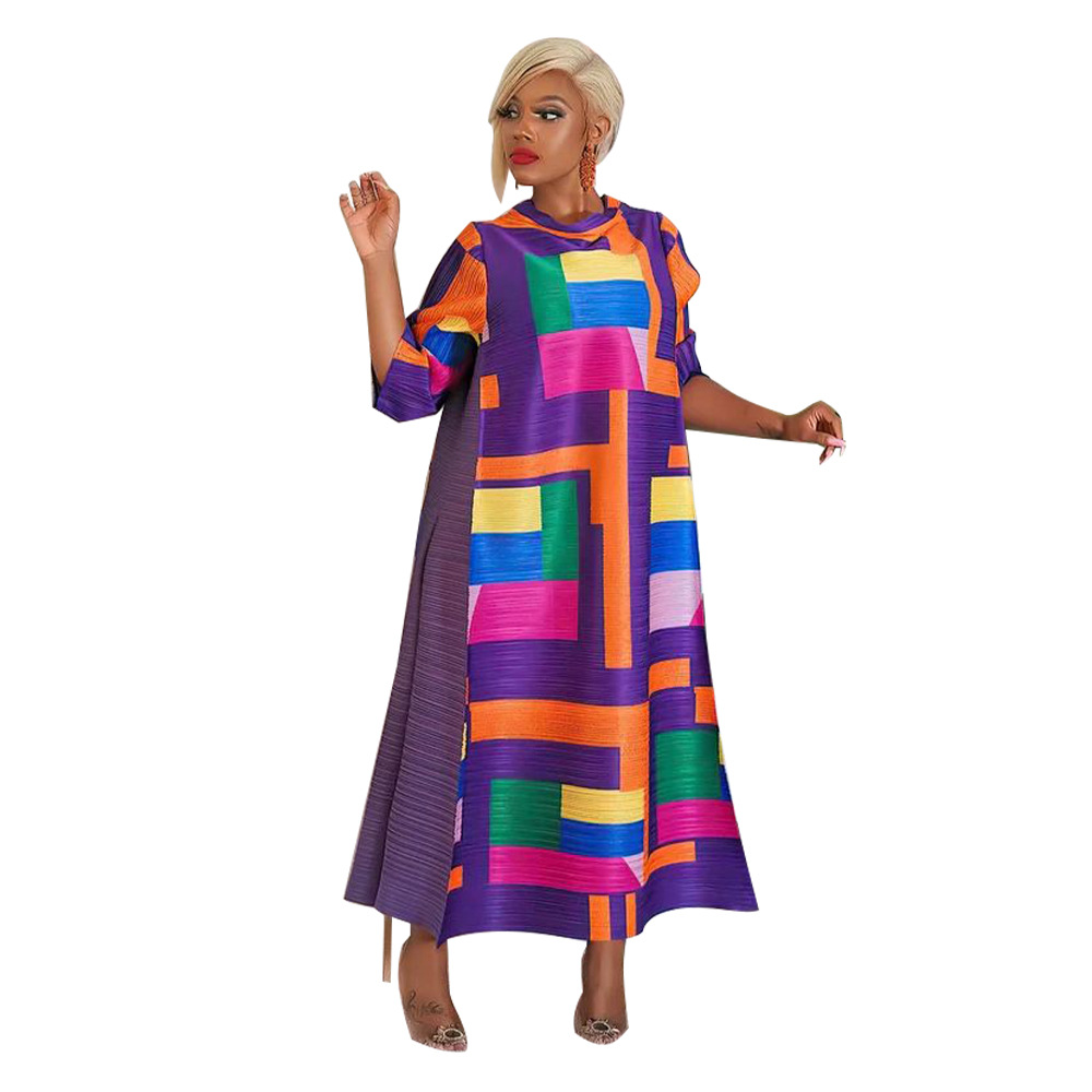 K10500 ropa de mujer de moda transfronteriza europea y americana miyake popular cuello redondo impreso vestido plisado nuevo image 10