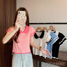 韩系娃娃领针织衫小飞袖上衣女夏设计感小众甜美感小个子短袖