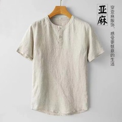 中国風紳士服リネン半袖シャツメンズ夏薄手カジュアルレトロ綿麻プルオーバー小襟シャツ
