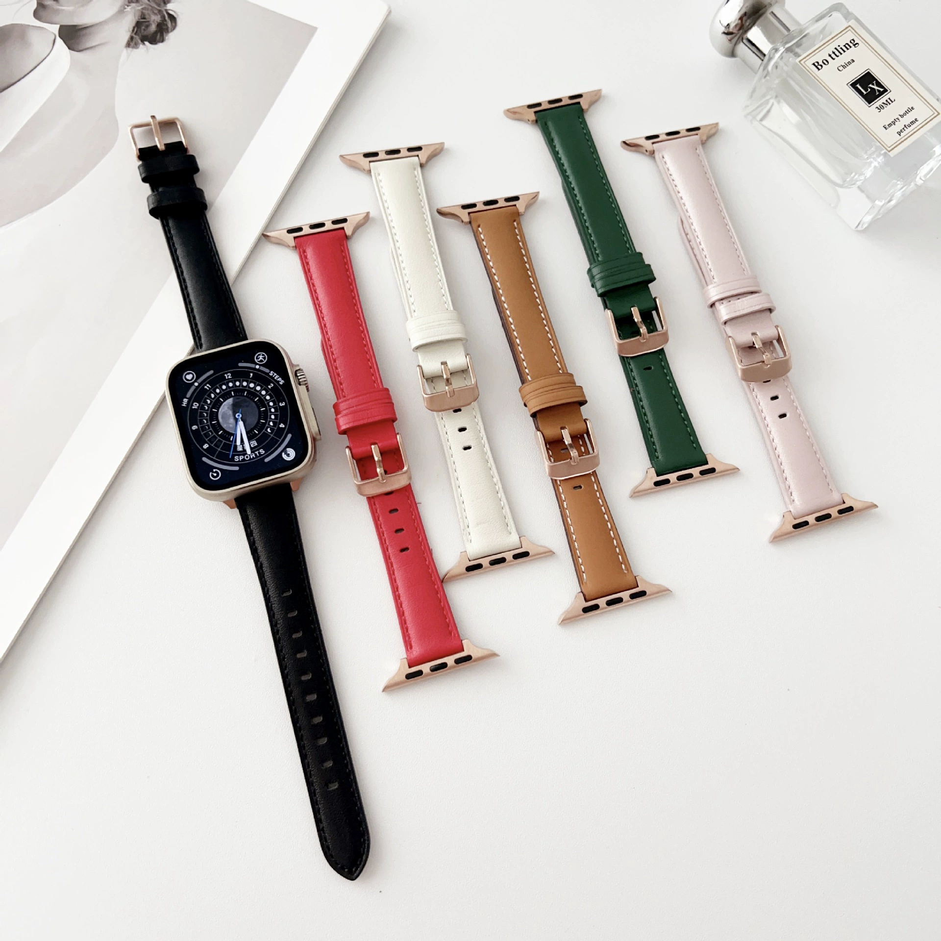 Подходит для Apple 7-го поколения часов, ремешок для Apple Watch 456SE плоские линии кожа розовая пряжка ремешок spot