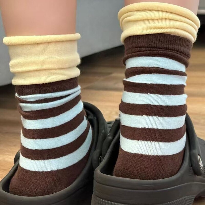Small Style Fashionable Contrast Color Ins Trendy Fake Two-piece Loose Striped Double Luo Kou Slimming Mid-length Women's Stacked Socks Autumn Small Style Fashionable Contrast Color Ins Trendy Fake Two-piece Loose Striped Double Luo Kou Slimming Mid-length Women's Stacked Socks Autumn