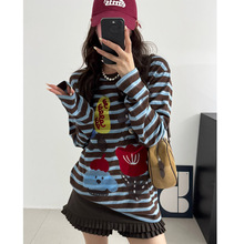 美式复古圆领印花条纹拼色长袖T恤女2025秋季新款休闲百搭打底衫T