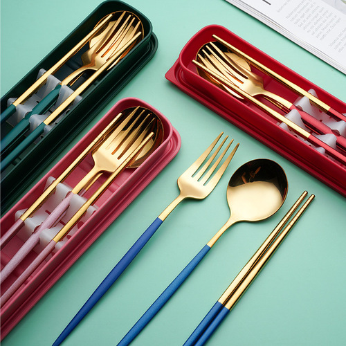 Stainless steel convenient tableware set Selected Portuguese fork, spoon and chopsticks three-piece set outdoor camping and picnic tools