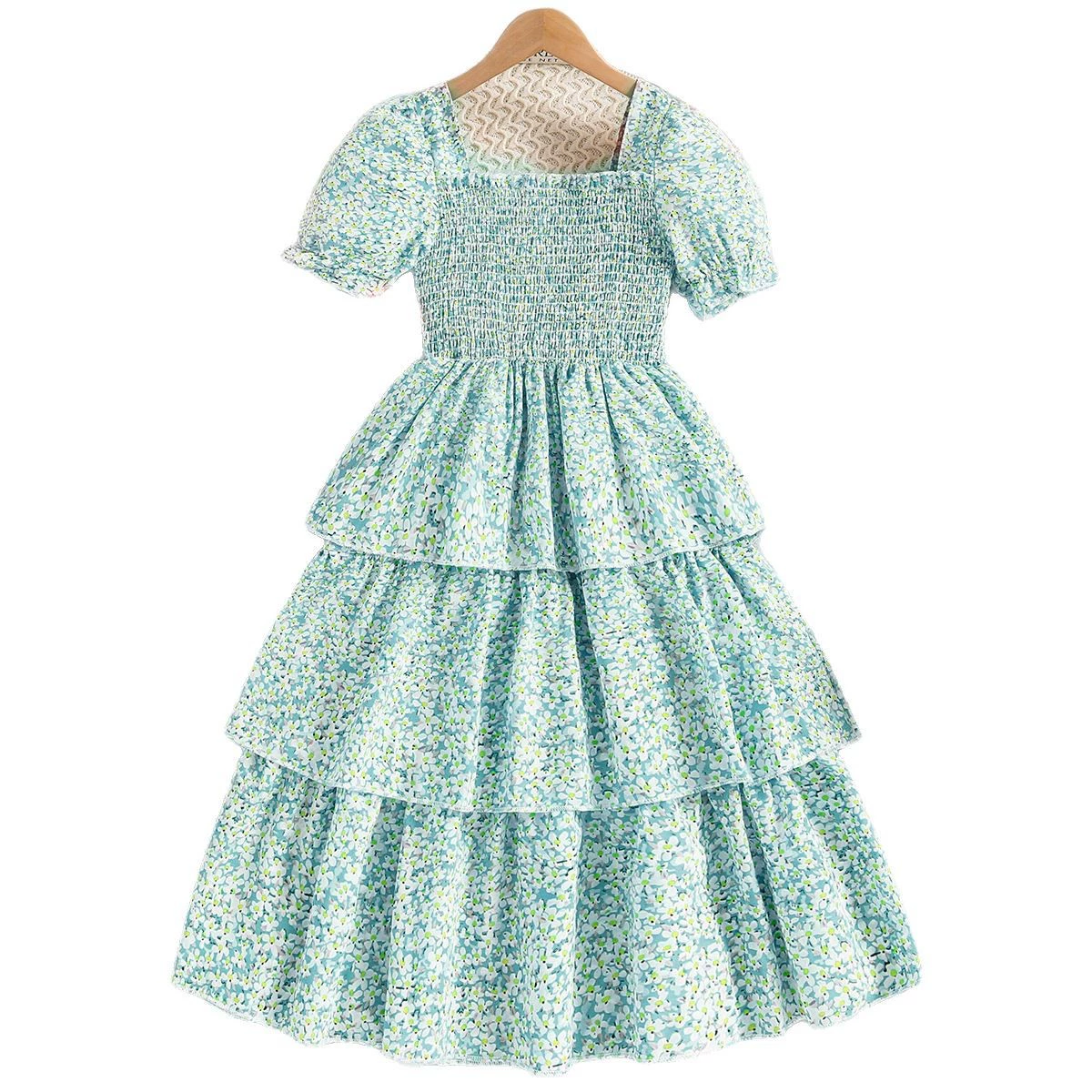 Платье, сарафан, юбка, квадратный вырез, puff sleeves, цветочная вышивка, для подростков