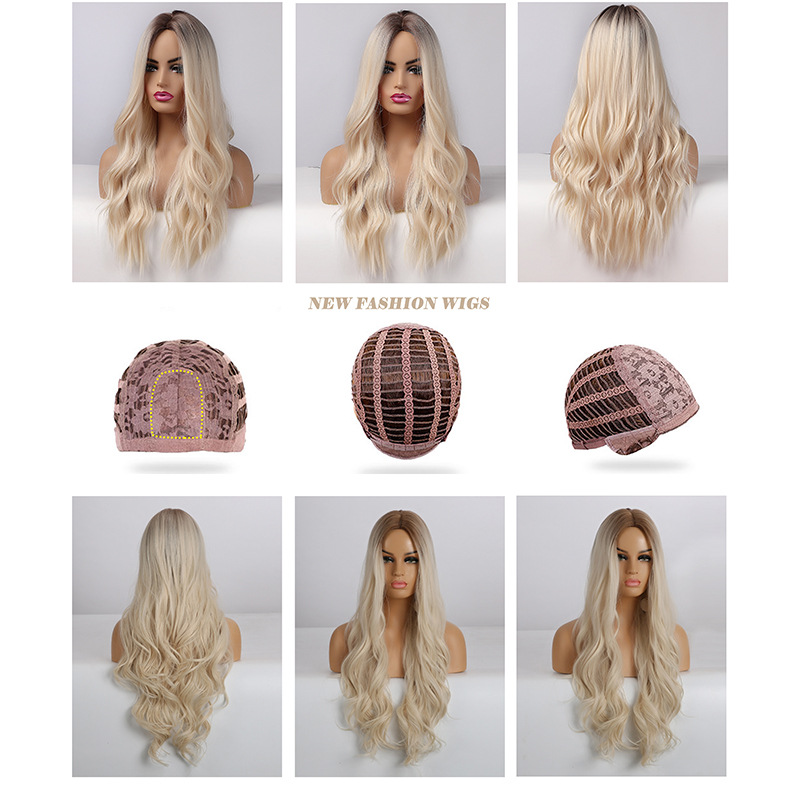 Cheveux synthétiques synthétiques, cheveux synthétiques teints en noir, couleur mixte, grande vague, cheveux bouclés minces féminins, bandeau mi-fendu pour femmes_voghion.com