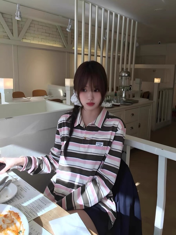 韩国小众潮牌25新款春秋aeae学院风条纹polo领长袖百搭T恤上衣女|undefined