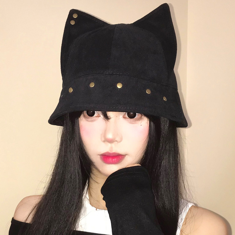 小众个性猫耳朵铆钉渔夫帽女可爱百搭盆帽大头围显脸小水桶帽子潮|undefined