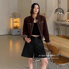 仿麂皮美式短款夹克外套女2025秋季小个子立领机车服上衣个性街头
