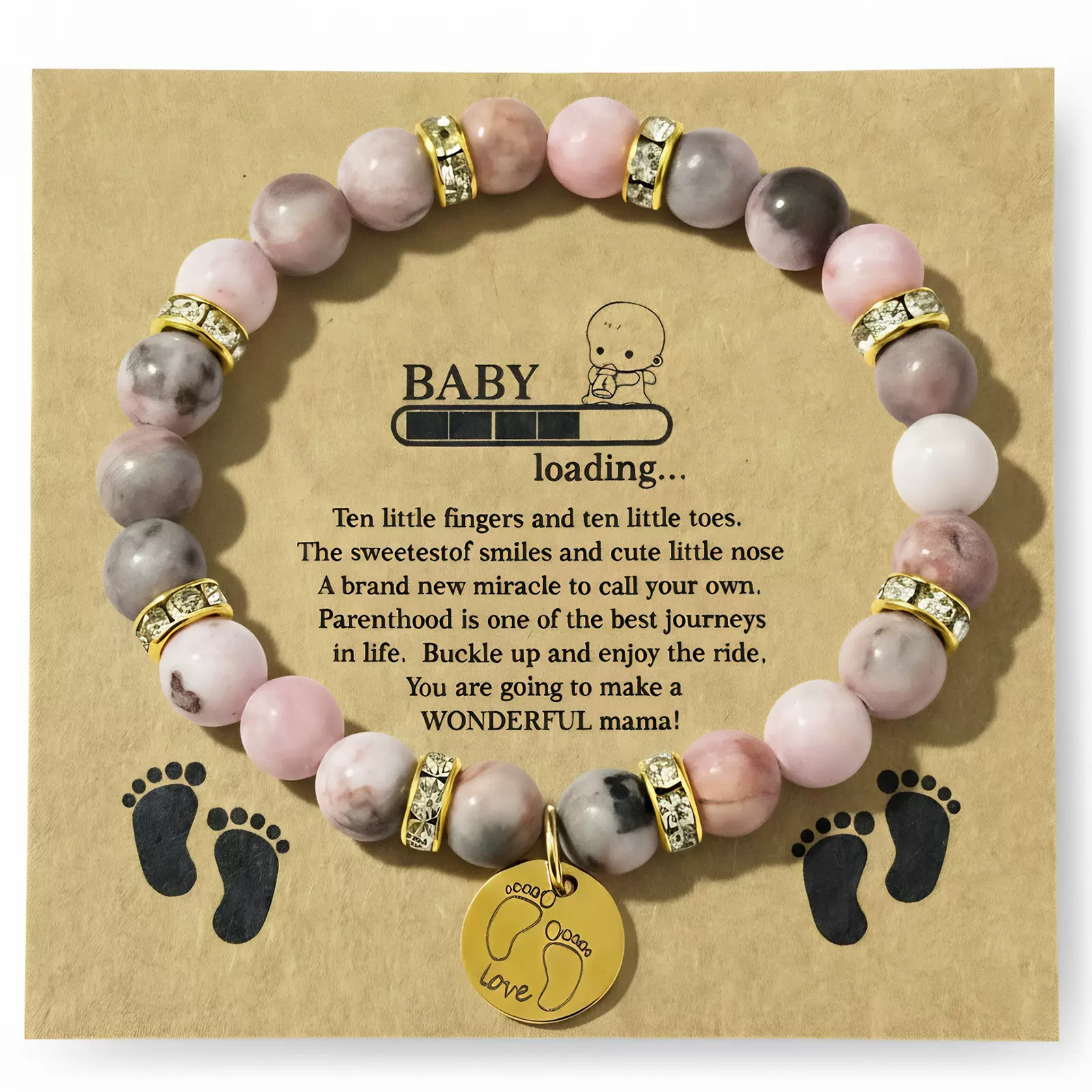 欧美跨境不锈钢脚丫吊坠天然石粉斑马粉晶寿山石手串女士饰品批发