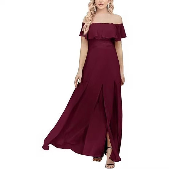 Formal Chiffon Off-Shoulder Long Flowing Dress with Side Slit for Wedding Guests and Bridesmaids Formal Chiffon Off-Shoulder Long Flowing Dress with Side Slit for Wedding Guests and Bridesmaids