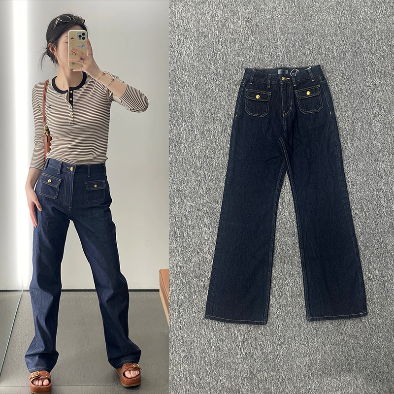 Ce Straight-Leg Dark Blue Jeans for Women, Versatile, Slim, Elegant, Personalized Pockets, High-Waisted Pants for Women, 2025 New Style