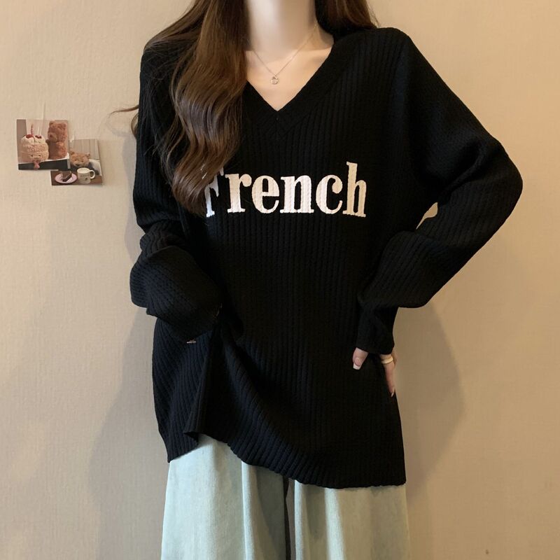 怠惰な風の大きいサイズのvネックのゆったりした長袖のtシャツの婦人服の早秋の新型の肉を遮ってカジュアルな中の長い上着の潮になります。|undefined