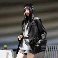2025春秋新款设计高级感超火复古黑色pu皮西装皮衣外套女宽松港风