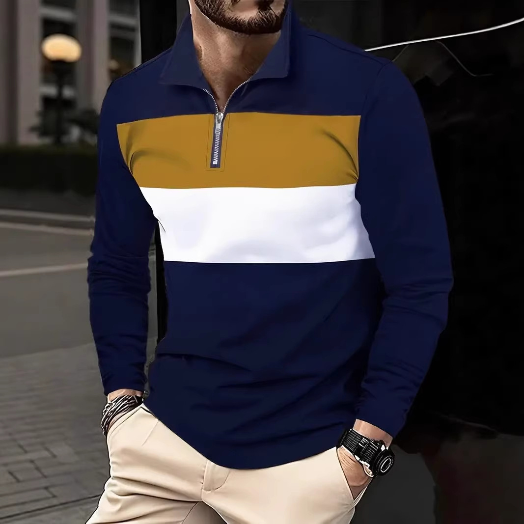 Transfronterizo tamaño europeo primavera otoño retro moda hombre cremallera con solapa de manga larga diseño de tendencia de temperamento jersey