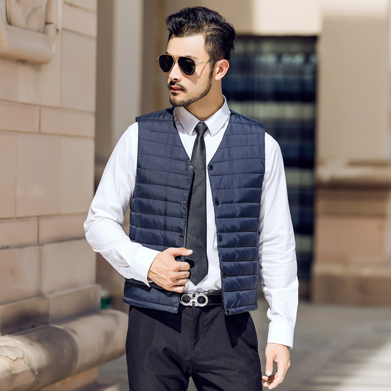 Men's Down Cotton Vest Autumn and Winter Short Inner Wearing Warm Vest for Middle-aged and Elderly Dads Fashion V-neck Flat Horn Vest