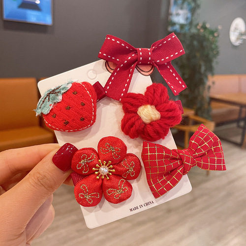 New Year's red festive children's cartoon hairpin with bow and flower edge clip for baby girl hair ball pair headband rubber band