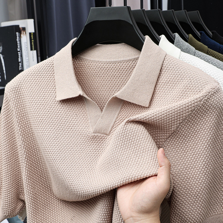 ¡Fibra fría japonesa! Camisa POLO de solapa para hombre de manga corta Camisa de gama alta de algodón Xinjiang casual todo fósforo