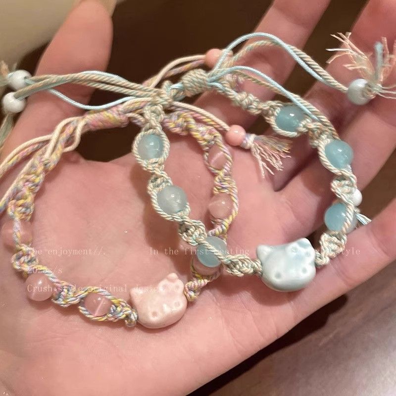 New Chinese-style blue kitten beaded bracelet, cute and adorable KT cat colorful woven string, sweet and charming jewelry for girls