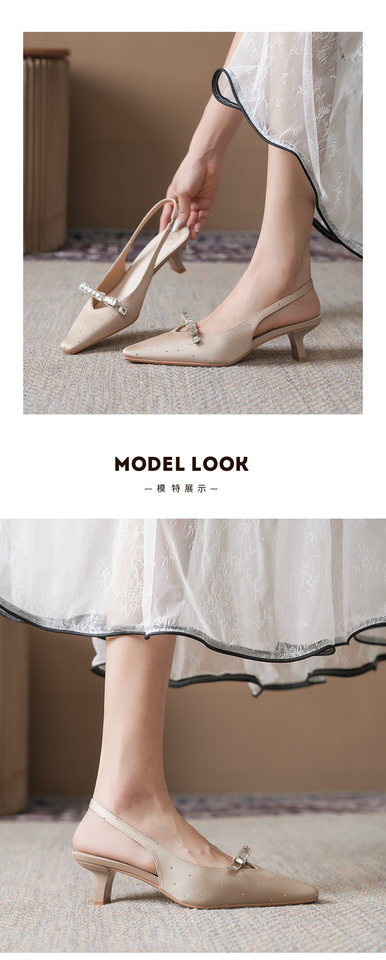 Sandal nữ bít mũi hở gót chất liệu satin đính đá, gót vuông thấp 3–6 cm — Màu be, Màu hồng nhạt, màu đen chi tiết 10