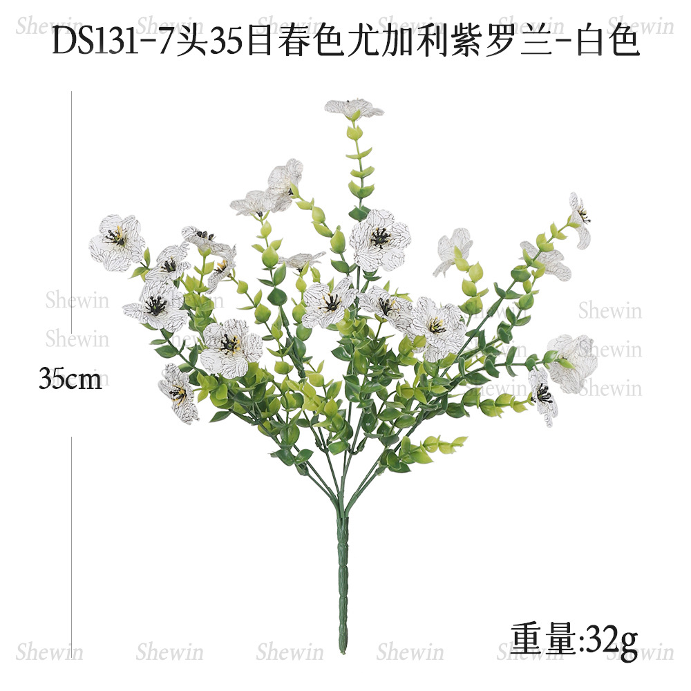 Flores artificiales de eucalipto violeta de siete cabezas para decoración de jardín exterior, hogar, hotel, boda, adornos de flores artificiales.