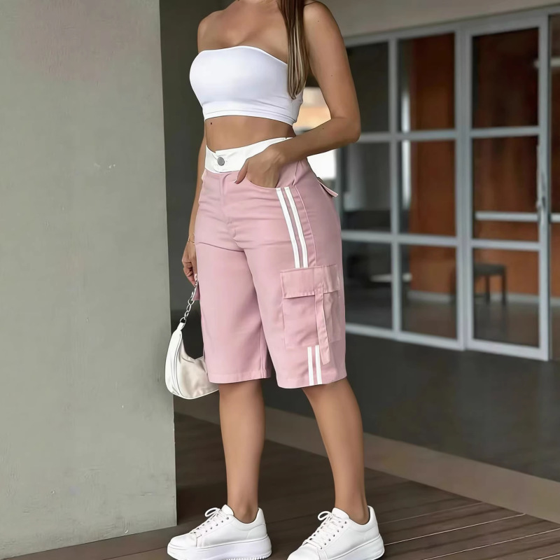 2026 New Cross-Border Casual European and American Women's Striped Patchwork Swing High-Waisted Shorts Cross-Border Five-Point Shorts