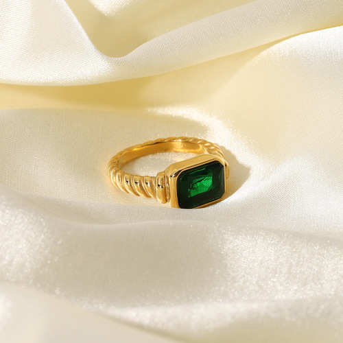 European and American Stainless Steel Rectangular Emerald Pink Zircon Ring Women's Croissant Twisted Spiral Ring Jewelry
