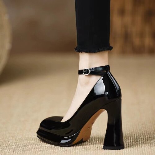 Block heel high-heel women's single shoe with a single buckle, Mary Jane style square-toe small leather shoes