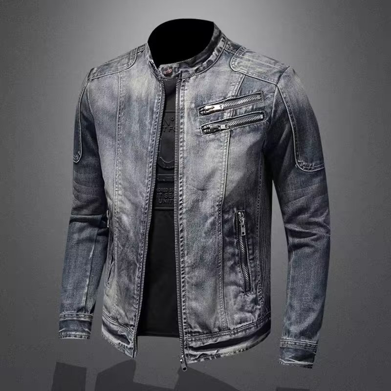 European Style Lapel Biker Denim Jacket, Personalized Retro Slim Fashion Top, Men's Casual Jacket, Trendy American Style European Style Lapel Biker Denim Jacket, Personalized Retro Slim Fashion Top, Men's Casual Jacket, Trendy American Style