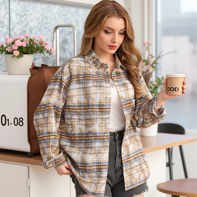 New Plaid Shirt for Women, Spring and Autumn Printed Fashion American-Style Tie-Dye Jacket, Trendy High Street Mid-Length Loose Jacket New Plaid Shirt for Women, Spring and Autumn Printed Fashion American-Style Tie-Dye Jacket, Trendy High Street Mid-Length Loose Jacket