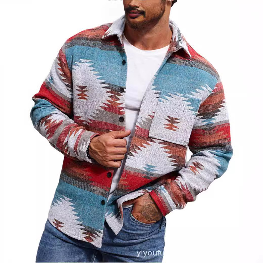 Amazon 2023 Otoño e Invierno Nuevos hombres europeos y americanos de un solo cuello de pecho patrón geométrico Jacquard abrigo de lana de los hombres de cercanías