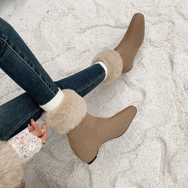Boot nữ cổ cao lông cừu mũi vuông tăng chiều cao — cà phê nâu, màu xám, quả mơ