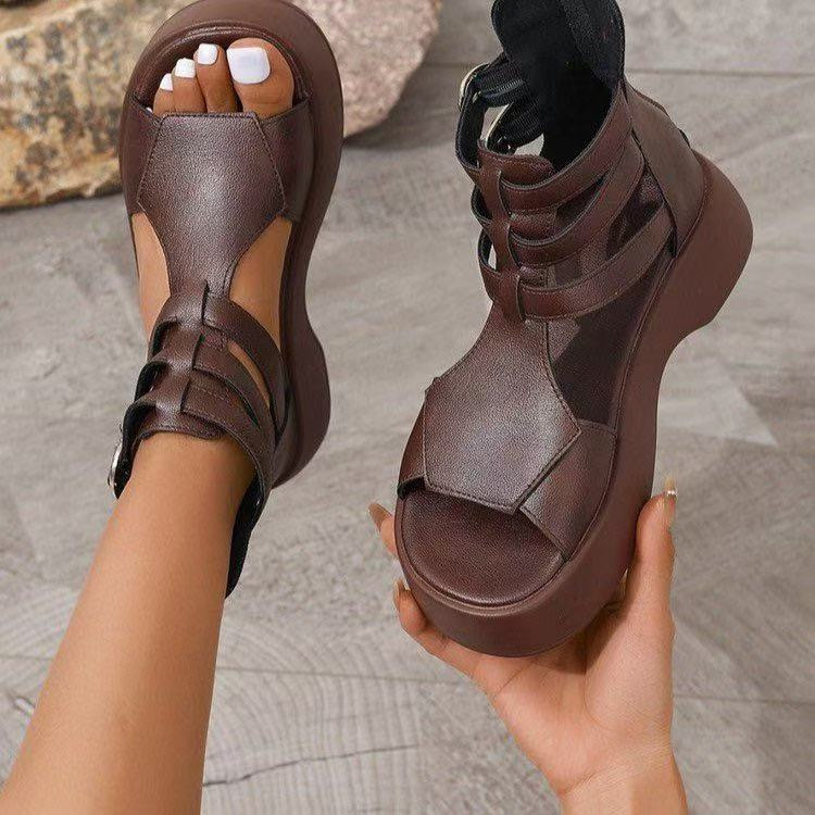 2025 New Foreign Trade Roman Sandals Women's Spring and Summer Flat Platform Women's Shoes with Belt Buckle Thick-Soled Shoes Trendy
