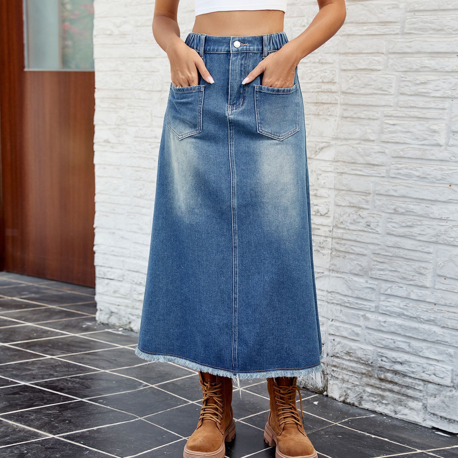 Women's Denim Skirt Raw Edge Mid Length Summer Spring Skirt_voghion.com