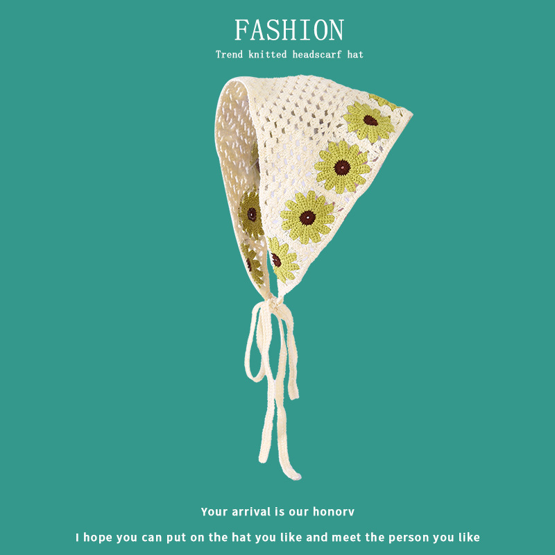 小清新手工編織三角巾鏤空綁帶頭巾針織鈎花束髮帶甜美氣質頭巾