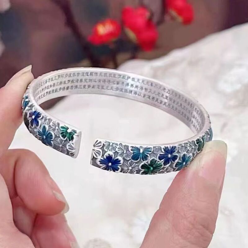 Enamel Flower Heart Sutra Bracelet Solid Open Bangle Electroplated 999 Bracelet Ethnic Style Versatile Jewelry Wholesale