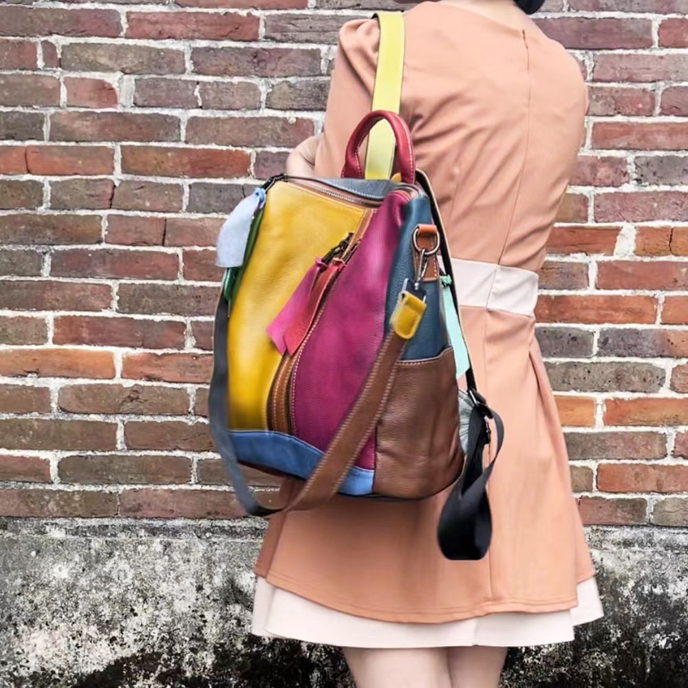 Leather Backpack With Colorful Cowhide Splicing, Single Shoulder Bag, Casual Backpack_voghion.com