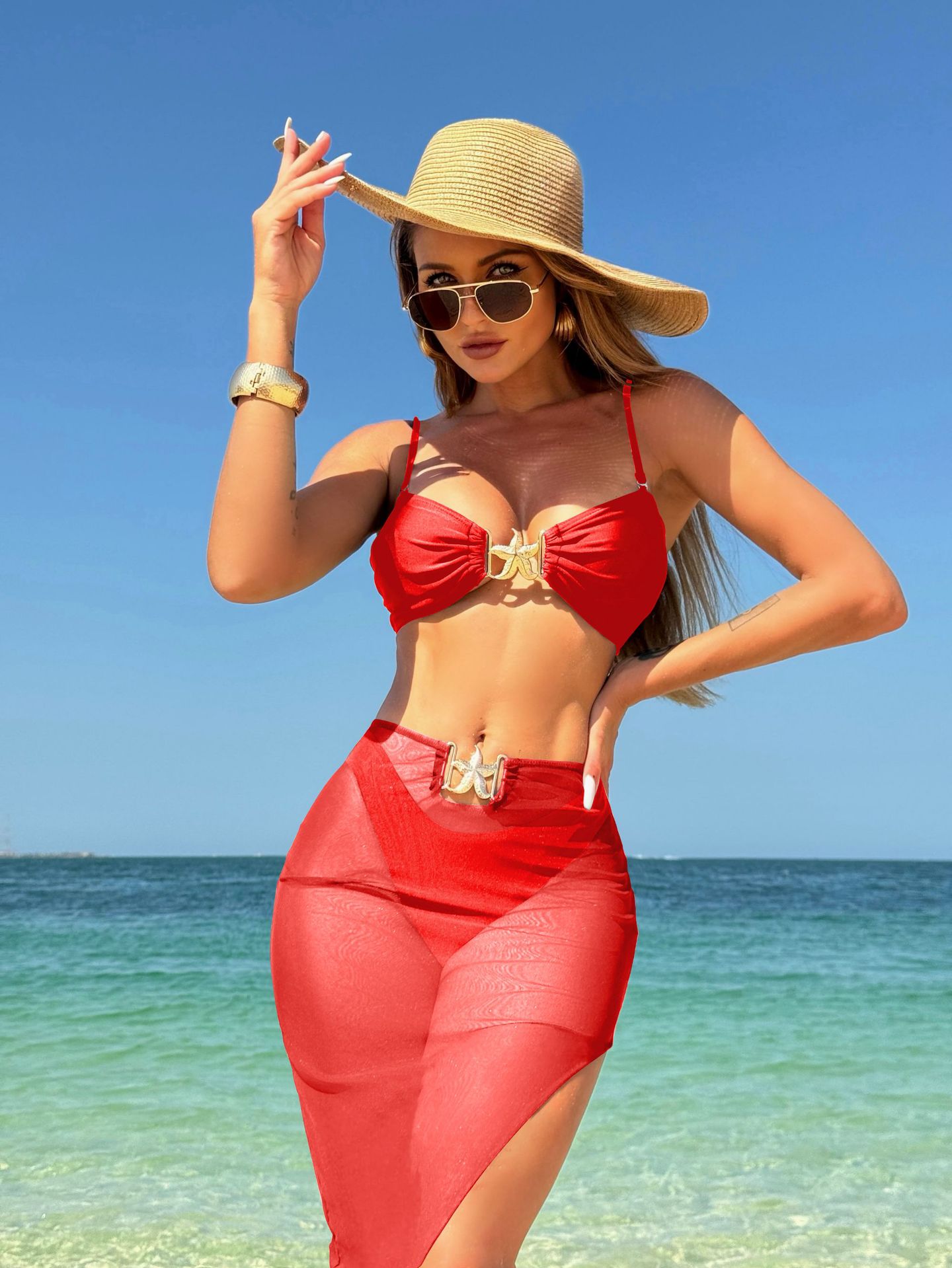 236g Weight Sleeveless Sleeve Length Polyester Fabric Type Skirt Sets Sets Type 3 Pieces Set Quantity Holiday, Swimming Pool, Swimming Occasion Strap Neckline Slim Fit Type Solid Color Pattern Women's Gender Sexy Style Women's Sexy Solid Color 3 Pieces Set Bikinis Swimwear 7