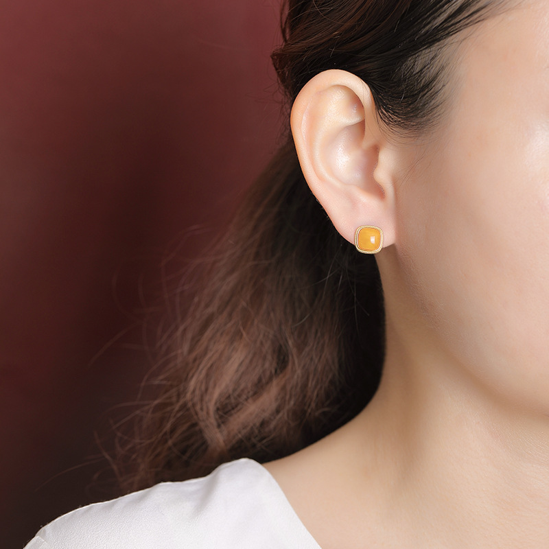 Bông tai nữ hình vuông mạ vàng bạc S925 đính sáp ong cao cấp — Một cặp