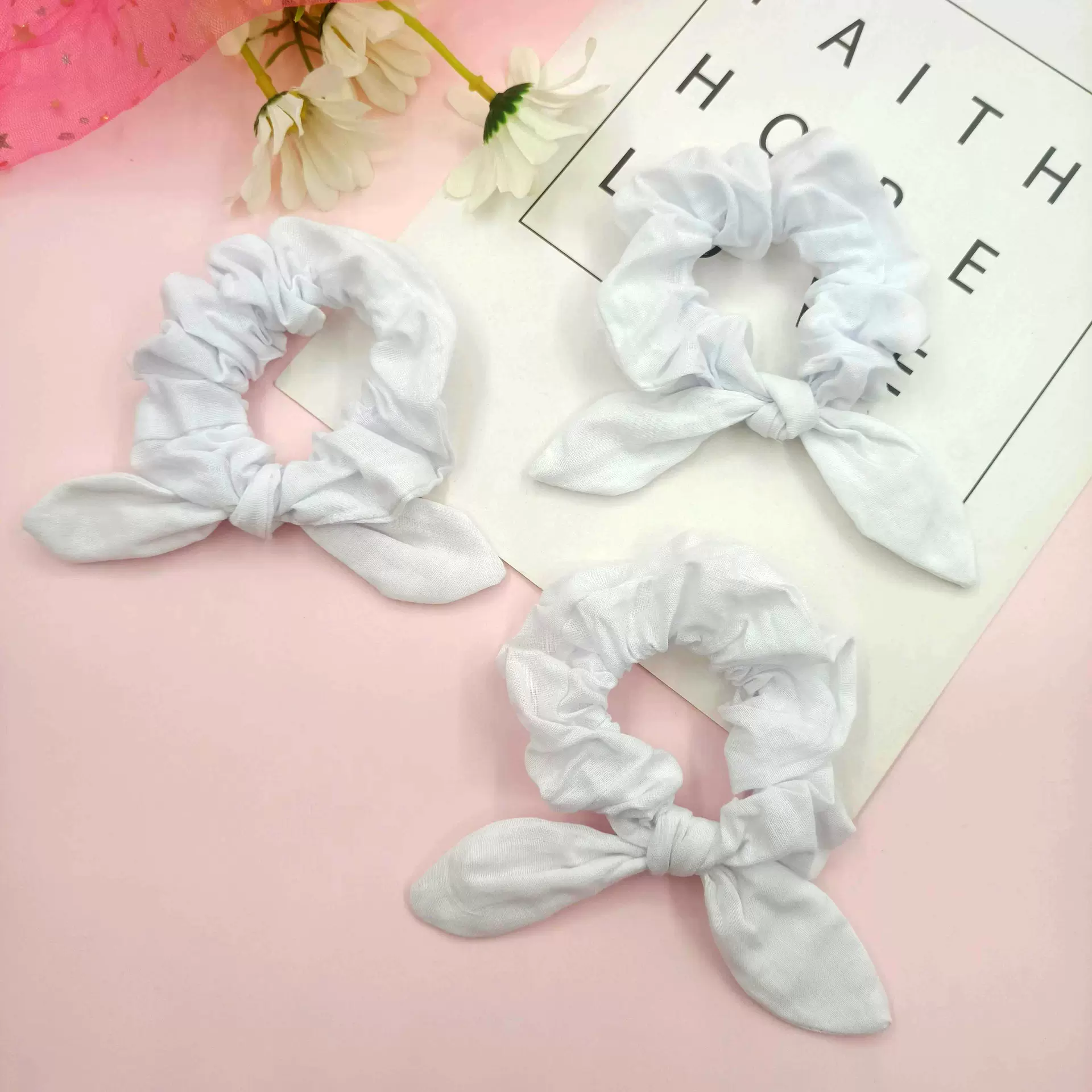 跨境新品女式棉布白色兔耳朵简约学生大肠发圈适用扎染DIY发圈