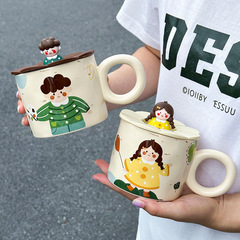 Cute hand-painted parent-child cup, ceramic cup with lid, creative mug, souvenir gift for girls, water cup for couple, home cup