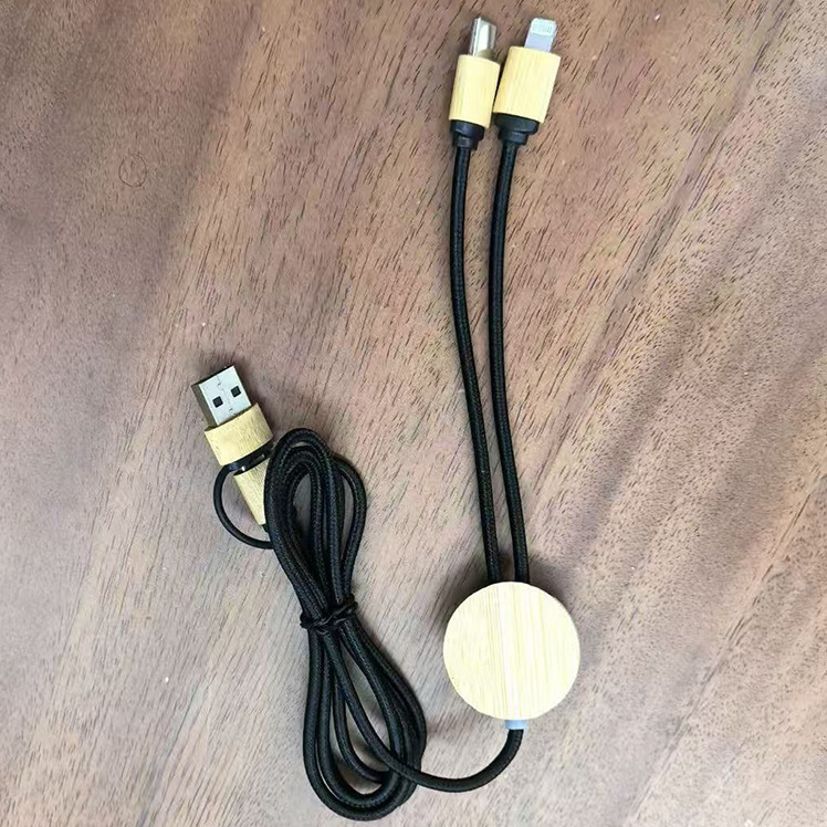 Bamboo dual-input three-in-one USB charging cable suitable for fast charging, car charger data cable, S121 model