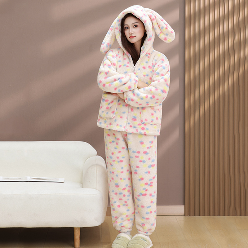 2025新款秋冬季珊瑚绒睡衣女冬天加绒加厚彩色波点法兰绒家居服|undefined