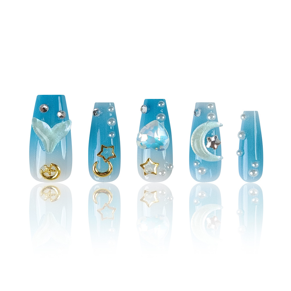 Manos de desgaste de uñas, azul gradiente sirena amor de uñas, estrella y luna, perlas de uñas parches de uñas, 10 piezas.