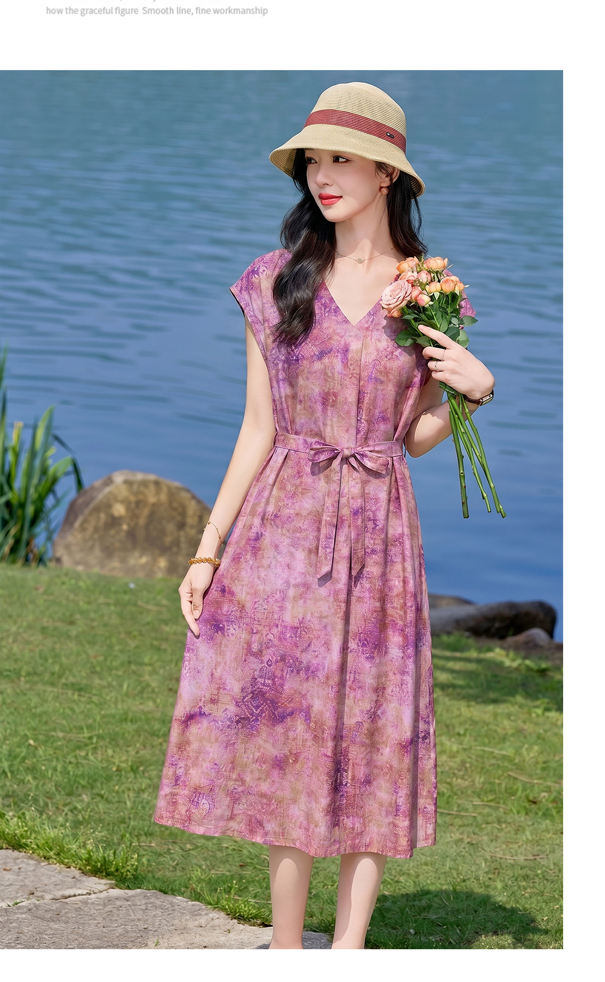 Đầm maxi nữ V cổ thắt eo họa tiết hoa nhí — xanh lam, màu vàng, màu đỏ chi tiết 14