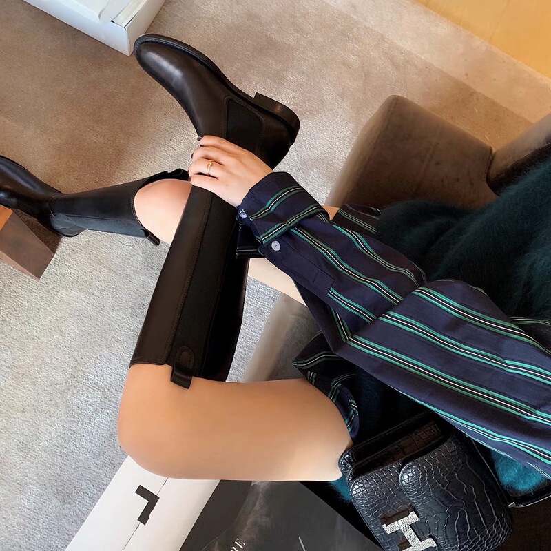 牛皮葡萄妈小香风平底长筒靴女粗腿高筒不过膝瘦瘦靴长靴骑士靴子|undefined