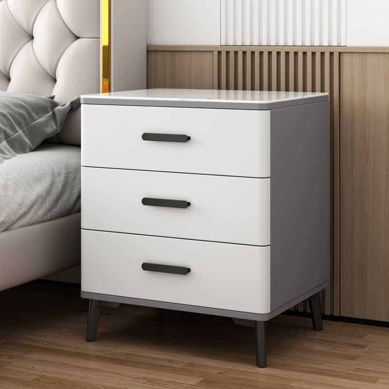 Mesita de noche con tres cajones de madera maciza, tablero de roca, estilo moderno y sencillo, gabinete elevado de tres niveles, gabinete de almacenamiento para dormitorio principal, acabado lacado.