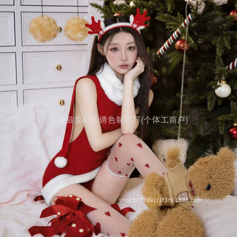 Christmas-Themed Holiday Outfit Set for Women, Faux Mink Fur Hip-Hugging Skirt, Photo Shoot Outfit